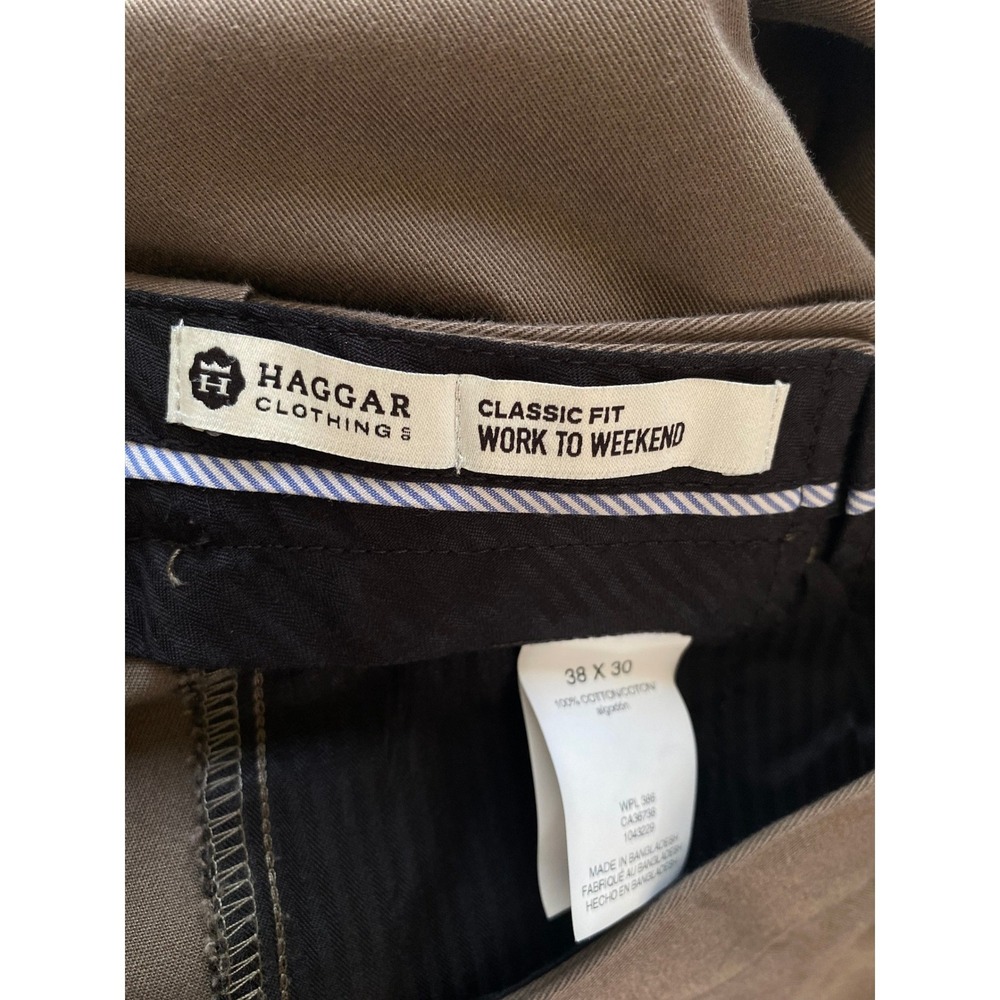 Haggar Chino Pants Men 38x30 Brown Classic Fit Work To Weekend Cotton Flat Front - Picture 8 of 9